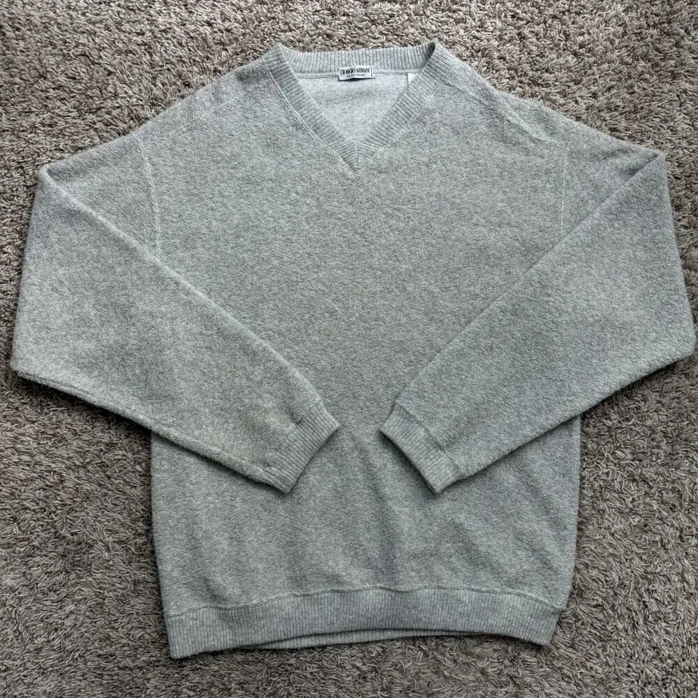 Vintage Giorgio Armani Wool Blend V-Neck Sweater Light Grey Pullover Mens Size M